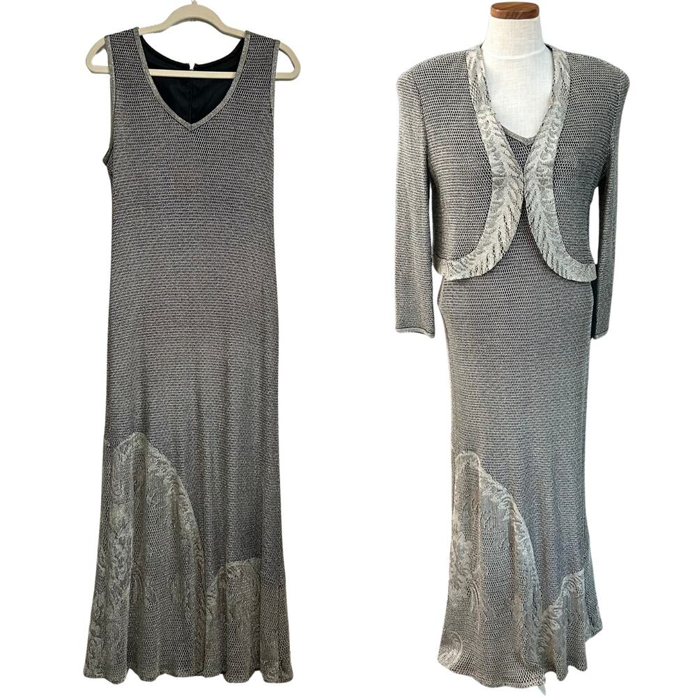 Vintage Damianou Silver Lurex Mesh Maxi Dress Jacket Set L Lace Hem 80s Formal